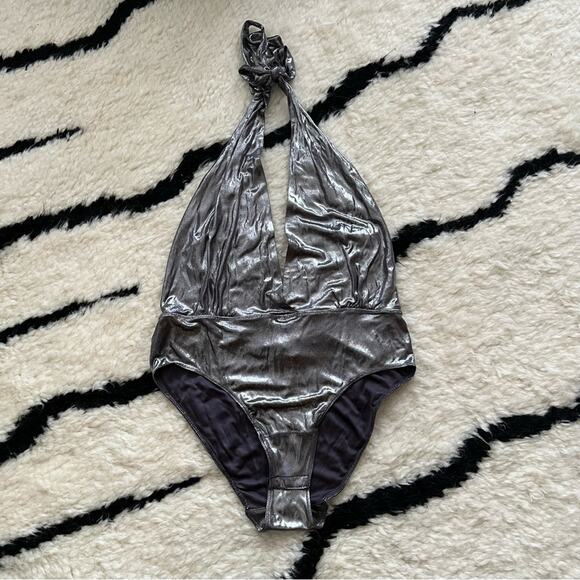 Halston Heritage Halter Neck Deep V Bodysuit in Gunmetal - Picture 3 of 9